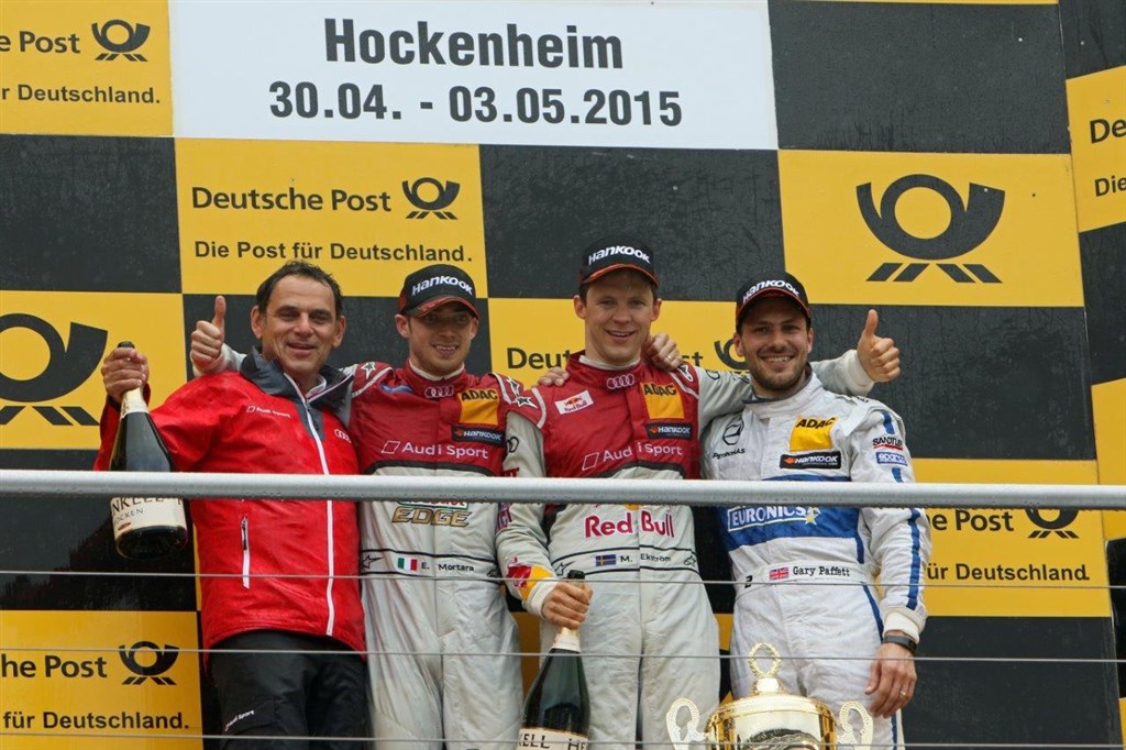 Fra venstre: Hans-Jürgen Abt, Teamchef for Team Audi Sport ABT Sportsline, Edoardo Mortara, Mattias Ekström, og Garry Paffett.
(Foto: Natascha Theisen)